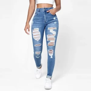Ripped Holes Casual Skinny Jeans Autumn, Slash Pockets Distressed Single-Breasted Button Mid Waist Denim Pants - Player Fashions 200000345