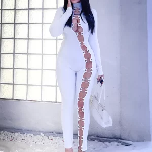 Women's stand up collar tight solid color jumpsuit with metal circle decoration long sleeved all-in-one pants, fitness leggings - Player Fashions 200000345