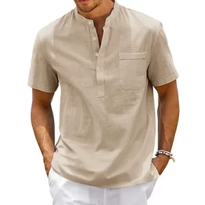 Cotton Linen Shirt Men Henley Neck Pocket Casual Beach Short Sleeve Solid Color Male Tops T-shirts Vintage Streetwear - Player Fashions 200000343