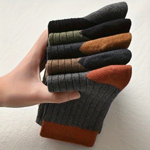 5 Pairs Men's Pure Cotton Crew Socks - Mid-Length, Solid Color (Black, Gray, Brown, Orange, Green) with Heel Protection, Soft & Breathable for Spring and Fall, Cute Socks - Player Fashions