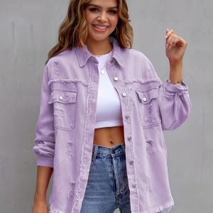 [Solid Color Denim Jacket] Retro Solid Color Denim Jacket - Women's Long Sleeves Leisure Loose Comfortable Coat - Player Fashions