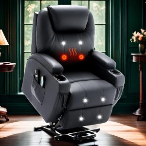 [Power Lift] Black Power Lift Recliner Chair | Features: Massage & Heat Function, Adjustable Headrest, Side Pocket, Infinite Positioning | Usage: Living Room Comfort, Assisted Living Furniture | Style: Sleek Design | Convenience: Remote Controlled - Playerfashions