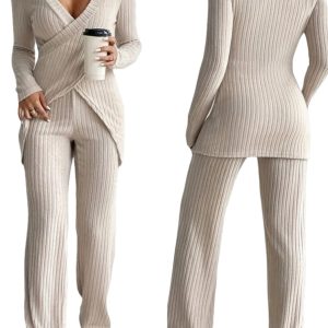 Women's Ribbed Fall Set Solid Color V-Neck Long Sleeve Slim Fit Cross Front Tops Long Pants 2pcs Outfits - Player Fashions