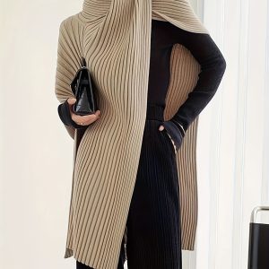 Beige & Black Two-Tone Asymmetrical Knit Cape Shawl for Women - Elegant French-Inspired High Neck, Long Sleeve, Ribbed Detailing, Perfect for Fall/Winter Layering - Player Fashions