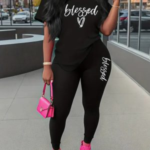 Blegsed Women'S Fashion Patterned And Monogrammed Crewneck T-Shirts And Leggings Are Perfect for Hiking, Walking, And Casual Festivals, All-Season Wear  -  Playerfashions