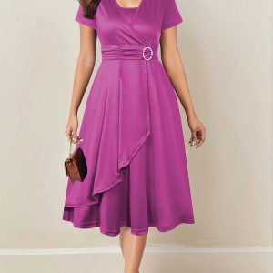 [Rhinestone Maroon Midi Dress] Maroon Chic Midi Dress - Rhinestone Detail, V-Neck, Asymmetrical Hem, Solid Color, Polyester Blend, Machine Washable, Short Sleeve, Crossed Waist - Playerfashions