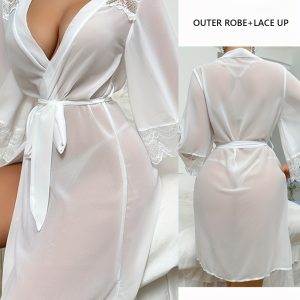 Women's Elegant Lace Trim Chiffon Robe - Semi-Sheer V-Neck Long Sleeve Nightgown with Belt, 3 Colors (Black/White/Red), All-Season Luxury Loungewear for Valentine's Day & New Year's Gift, Luxury Sleepwear | Sophisticated Nightgown | Semisheer Fabric, Lace Nightgown - Playerfashions