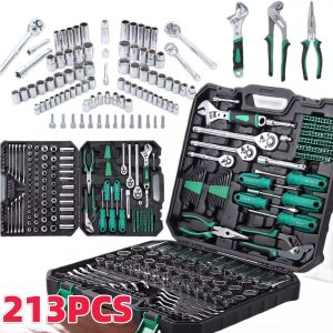 [Socket Wrench Set] 213pcs Socket Wrench/20pcs Ratchet Wrench Combo Set | Portable Multi-Functional SAE And Metric Home Hand Tool Set, CRV Construction, Household/Automotive Repair Tools With Toolbox | Valentine's Day Gift For Him, Agricultural Machinery Repair Kit - Playerfahions