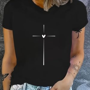 [Women's Black T-Shirt] Lightweight & Comfortable Women's Black T-Shirt | Casual Crew Neck, Short Sleeve, Heart & Cross Faith Print | Perfect for Summer Parties & Casual Attire - Playerfashions