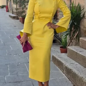 Yeezzi Urban Women's Formal Office Dress with Stand Collar, 2025 New Spring Flared Sleeves, Fashionable Buttoned High-Waisted Midi Dresses - Playerfashions 200000345