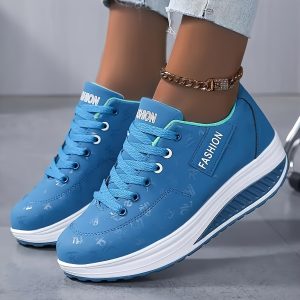 Breathable Women's Fashion Sneakers - Lightweight Casual Walking Shoes with Air Cushion, Non-Slip Tennis Shoes, Platform Sneakers for Gym & Workout, Blue Upper, White EVA Sole, Stylish Denim-Like Texture, Allseason Walking Shoes | Sporty Look Footwear | Sneakers - Playerfashions