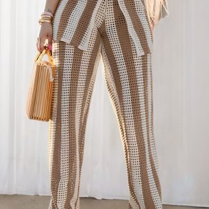 Striped Knit Pantsuit Ensemble - Button Front 3/4 Sleeve Loose Top, Wide Leg Pants, Eyelet Details, Casual Chic, Women's Clothing, Comfortable Outfit for Daily Wear - Playerfashions