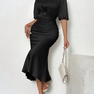 Women's Elegant High-Neck Solid Color Dress - Polyester Knit Fitted Top & Flowy Skirt, All-Season Machine Washable Dress for Casual to Formal Occasions, Formal Attire | Sophisticated Style | Durable Fabric, Cute Dresses - Playerfashions