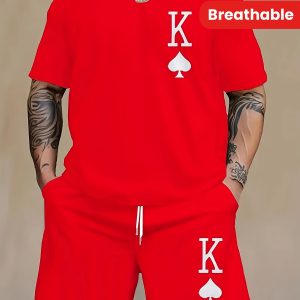 Plus size 2-piece men's fashionable poker spade K print short sleeved round neck T-shirt and drawstring shorts set, casual street comfortable and breathable, red plus size men's clothing - Playerfashions