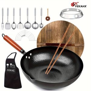 [Carbon Steel Pan] 14pcs Carbon Steel Pan Set | 12.6-inch Frying Pan with Wooden Lid, Flat Bottomed, No Chemical Coating, Suitable for All Stoves Including Induction Cookers, Electric Stoves, Gas Stoves, And Halogen Stoves, Father's Day Gift - Playerfashions