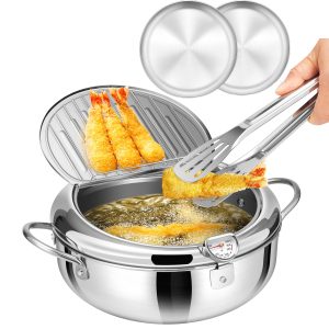 Stainless Steel Deep Frying Pan, Fried Chicken Pan, Tempura Deep Frying Pan with Thermometer And Lid, Japanese Tempura Frying Pan, 114.97oz - Playerfashions