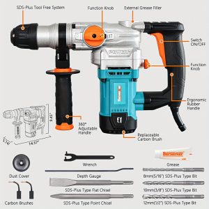 120V SDS-Plus Rotary Hammer Drill 3 Functions | 4200BPM Heavy Duty Corded Electric Rotomartillo with Safety Clutch & 6 Accessories(3 Taladro+2 Chisels+Case) for Concrete Drilling, Home Renovation,Ideal Gift for Dad, Husband, Friends, or Homeowners - Playerfashions