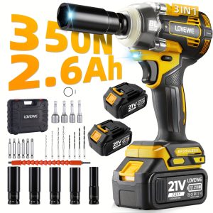 LOVEWE Impact Wrench Cordless, 1/2 Inch Brushless Power Impact Driver, Torque 258 Ft-lbs (350N.m) with 2x 2.6Ah Battery, Charger, 5 Sockets And Full Accessory, 21V Electric Impact Gun for Car Home - Playerfashions