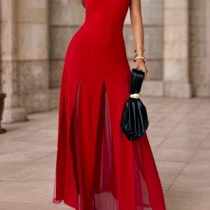 [Valentine Red Dress] Valentine's Day Red Elegant Sleeveless Fit and Flare Dress | Contrast Mesh Crew Neck Long Gown for Women, Perfect for Holiday Beach Birthday Party, and Casual Outings - playerfashions