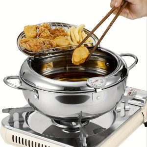 Deep Fryer Pot, 1.11gal/11Inch Janpanese Style Tempura Frying Pot with Lid, 304 Stainless Steel with Temperature Control And Oil Drip Drainer Rack, - Playerfashionsfor Kitchen French Fries, Chicken Etc