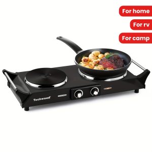 Hot Plate, Techwood Portable Electric Stove For Cooking Countertop Dual Burners With Adjustable Temperature & Cool Handles, 7.5"Cooktop For Home/RV/Camp, Compatible For All Cookwares - Playerfashions