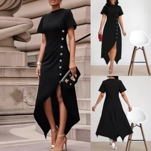 Stylish and elegant dress with an irregular hemline and button decorations on the sides. - Playerfashions200000345