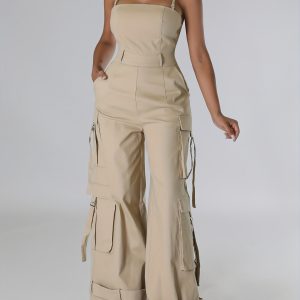 Women'S Y2K Wide-Leg Cargo Jumpsuit - Summer Utility Romper With Multi-Pockets And Spaghetti Straps | Casual Street Style Overalls For Outdoor Adventures/Urban Exploring (Adjustable Spaghetti Straps) - Playerfashions