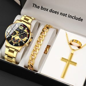 DEYROS Hot Selling 4pcs/ set Watch for Men, Casual Watches for Men, Wrist Watch & Necklace & Bracelet & Ring, Stainless Steel Watch Strap, Gifts for Oneself, A Very Versatile Watch Accessory Combination, Best for Christmas, Perfect for Thanksgiving - Playerfashions