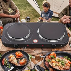 Dual Disk Portable Electric Stove - 5-Speed Adjustable, Stainless Steel Construction, 110V-220V, Silent Operation, American Plug, Ideal for RV, Camping & Kitchen Use, Camping Stove, Sleek Metallic Finish, Durable Kitchen Appliance - Playerfashions