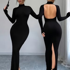 Women's Black Bodycon Long Sleeve Dress - Round Neck Stretchy Slim Fit, Machine Washable All-Season Elegant Solid Color Dress for Casual & Formal Occasions, Versatile Clothing, Sophisticated Tailoring - Playerfashions