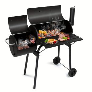 Barrel Charcoal Grill With Offset Smoker, All Metal Outdoor Smoker With Side Table And Wheels For Outdoor Garden Patio And Backyard Cooking - Playerfashions