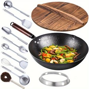 Cast Iron Wok with 11pcs Cookware Accessories, Chinese Wok Pan 12.6 Inch, Stir-fey Pan, Flat Bottom Carbon Stell Wok,, for Induction, Electric, Gas, Halogen, All Stoves, Kitchen Utensils, Kitchen Gadgets, Kitchen Accessories, Home Kitchen Items - Playerfashions