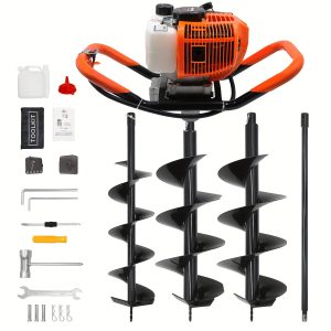62CC Auger Post Hole Digger, 2 Stroke Gas Powered Earth Post Hole Digger With 2 Auger Drill Bits (6" & 8") + 1 Extension Rods For Farm Garden Plant, Orange (62CC) - Playerfashions