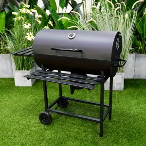 47x44-inch Portable Charcoal Grill with Wheels - Heavy-Duty Steel Barrel-Shaped Design, Foldable Frame & Bottom Storage Net - Ideal for Camping, Backyard BBQs, Picnics, Hiking - Black - Playerfashions