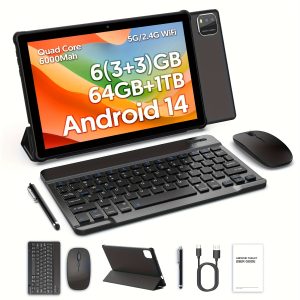 Android 14 Tablet 2025 Latest Tablets, 10 Inch Tablet (3+3)GB RAM 64GB ROM 1TB Expand, 6000mAh Battery 2 In 1 Tablet With Keyboard, Case, Stylus, 4-Core Tablet PC, 5G/2.4G WiFi, 2MP+8MP Dual Camera, 1280 * 800 FHD IPS Screen, Tablet, Pad   - Playerfashions