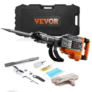 3500W Electric Jack Hammer Concrete Breaker 2 Chisel Bits 360 Degree Swivel Handle Heavy Duty Includes Gloves Black