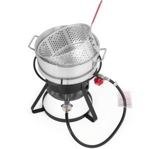 11 Qt. Fish and Wing Fryer Kit 58, 000 BTU, Aluminum Deep Fry Pot with Basket and 5 Inches Thermometer, Picnic Sets for Frying Fish, French  - Playerfashions