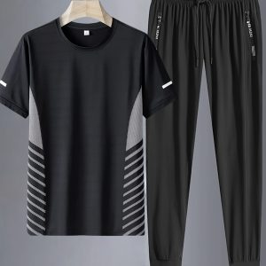 Men's Casual Sports Exercise Set, Comfortable And Breathable Casual Sports T-shirt Top And Sports Jogging Long Pants, Fitness Exercise, Running Exercise Category: Men's Sports Top And Bottom Set   -  Playerfashions