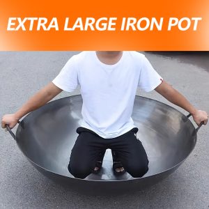 Extra Large Heavy Carbon Steel Wok, Round Bottomed Wok- Double-Eared, Thickened, No-Coating, High-Quality, Double Handle Wok Wok Fry Pan Large Capacity Saute Pan Round Bottom Wok Multipurpose Stewpot Skillet Works for Gas Cooktops  - Playerfashions