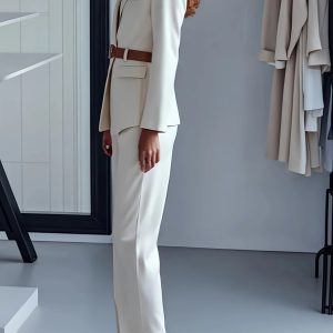 Elegant White Belted Suit for Women - Chic Long Sleeve Blazer & Pants Set, Solid Color, Fall/Winter Collection, Stylish Office Attire, Office Attire|Sleek Formal Attire|Polyester Fabric - Playerfashions