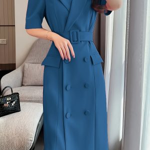 Elegant French-Inspired Magenta Pink Pencil Dress - Chic Notched Collar, Button Detail, Polyester Blend for Women, Perfect for Spring & Fall