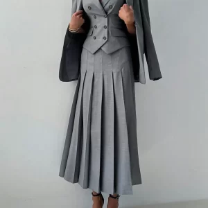 3pcs Women Elegant Work Casual Business Suit Set: Fitted Vest for Spring/Summer, Pleated Midi Skirt, Suitable for Office Lady - Playerfashions