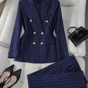 Fashion Autumn Winter Ladies Pant Suit Women Blue Striped Female Business Work Wear Jacket Blazer and Trouser Formal 2 Piece Set - AliExpress