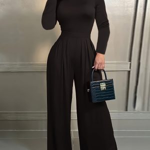 Elegant Solid Color Jumpsuit for Women - Stretchy Polyester & Spandex Blend, Crew Neck, Machine Washable, Wide-Leg Design with Pockets, Perfect for All Seasons