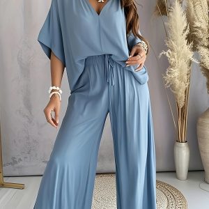 Casual Solid Color Pants Suit, Half Sleeve V-neck Top And Wide Leg Pants Clothing, Women's Clothing - Playerfashions