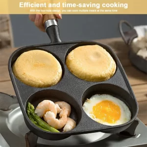 Egg Frying Pan Non Stick Egg Cooker Pan with Wooden Handle Round Shaped Egg Steak Divided Frying Pan for Kitchen Home